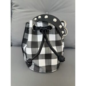 Plaid Gingham Bucket Bag Black White Drawstring Purse Faux Leather Check Vintage